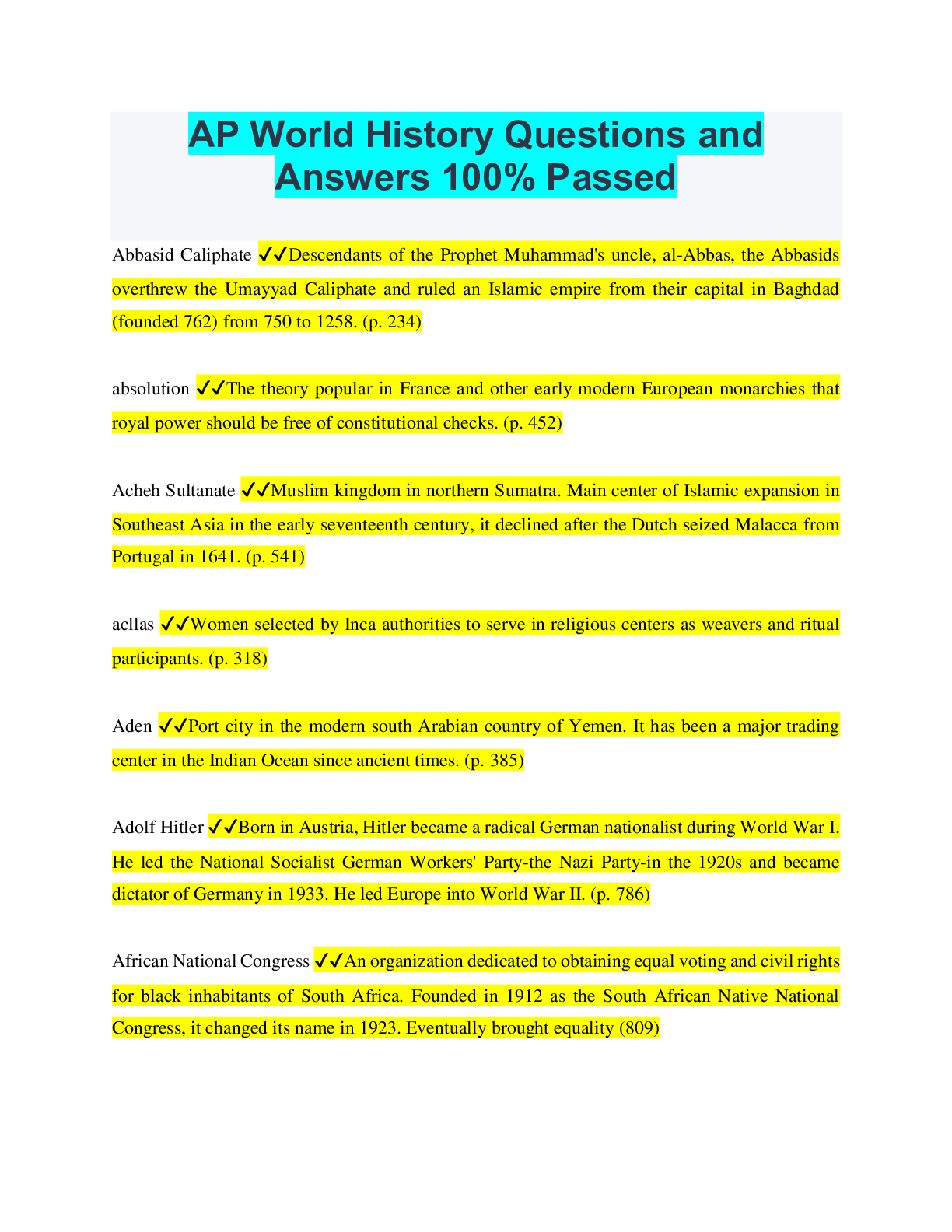Ap world history questions and answers 100% passed